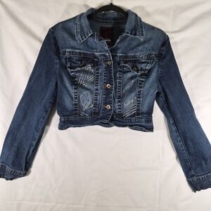 Y2K Baby Phat Cropped Denim Jacket Womens Medium Blue Jean Graphic Logo Stretch